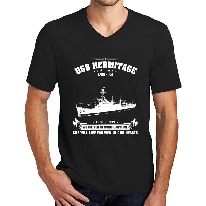 Uss Hermitage Lsd-34  Unisex V-Neck T-Shirt Men Black