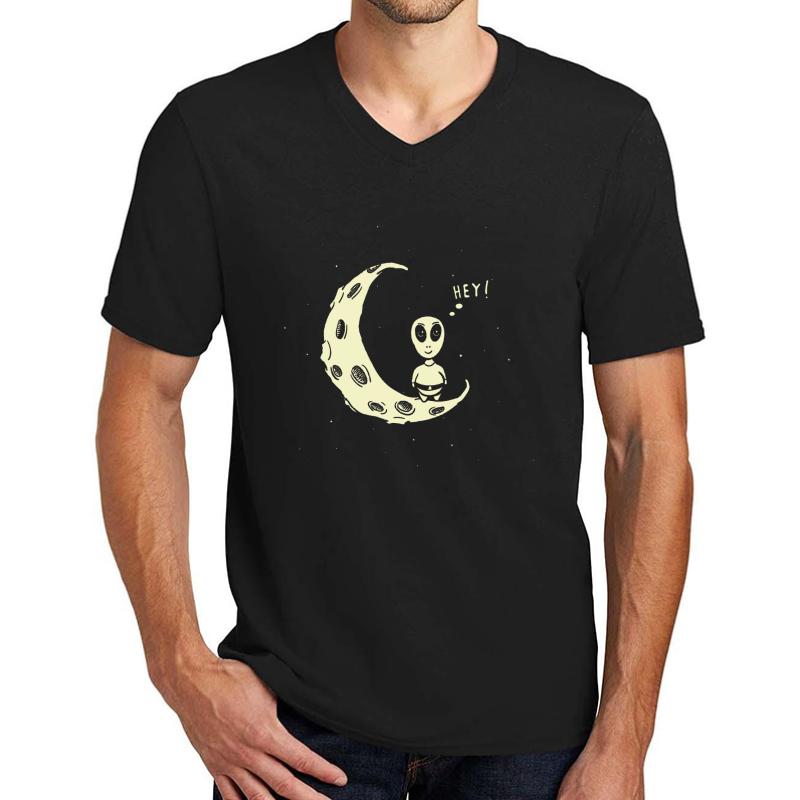 Alien On The Moon Unisex V-Neck T-Shirt Men Black