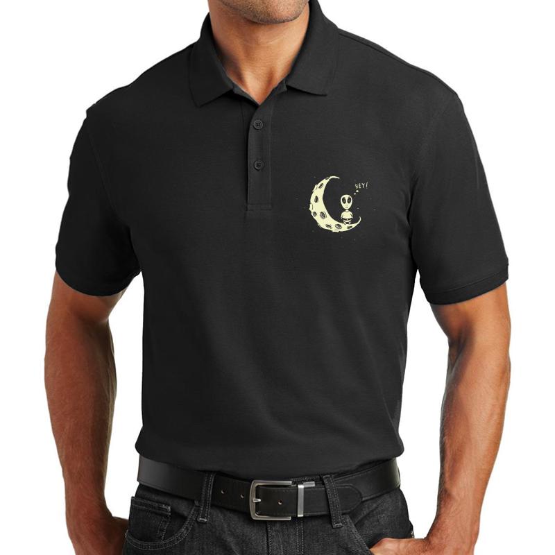 Alien On The Moon Unisex Polo Jersey Sport Shirt Men Black