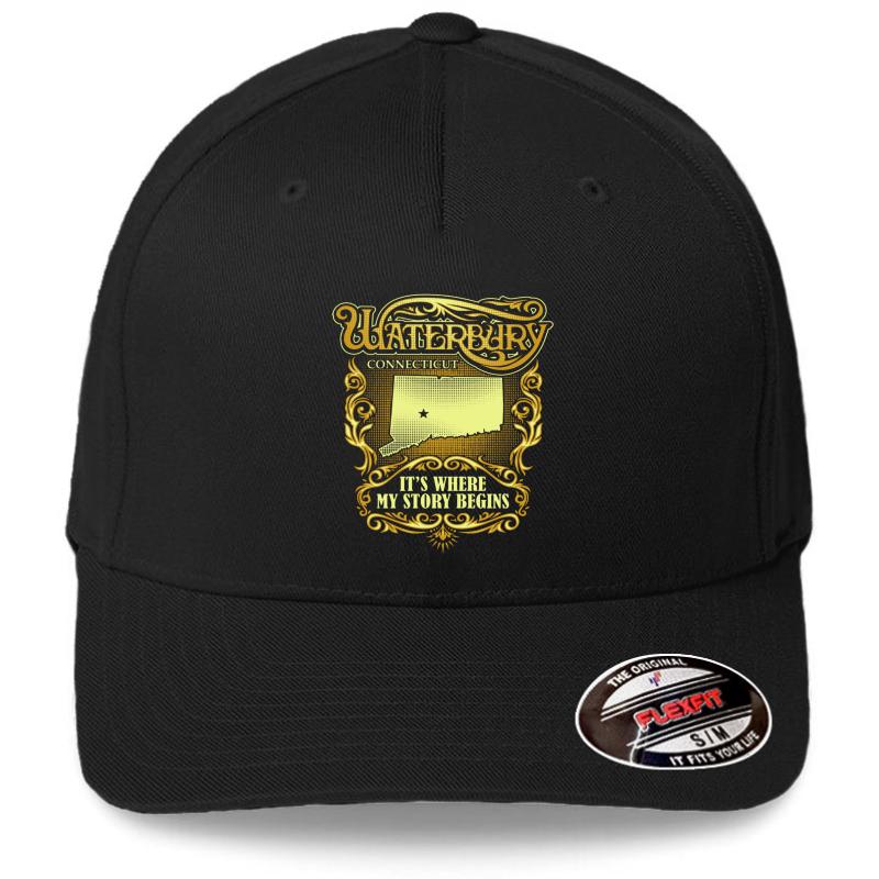 Waterbury Connecticut It's Where My Story Begins Flexfit Baseball Cap  Black