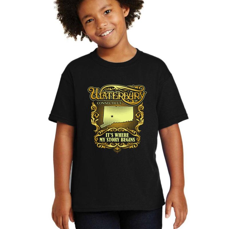 Waterbury Connecticut It's Where My Story Begins Youth T-Shirt Boy Black