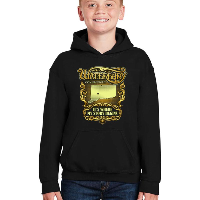 Waterbury Connecticut It's Where My Story Begins Youth Hooded Sweatshirt Boy Black