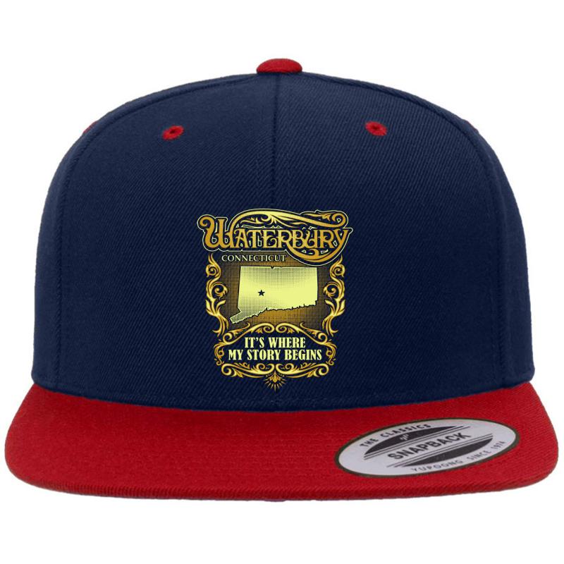 Waterbury Connecticut It's Where My Story Begins Premium Flat Bill Snapback Cap  Navy