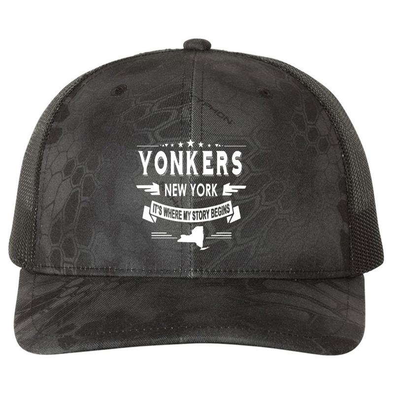 Yonkers New York It's Where My Story Begins Richardson Premium Trucker Snapback Cap  Kryptek Typhon Black