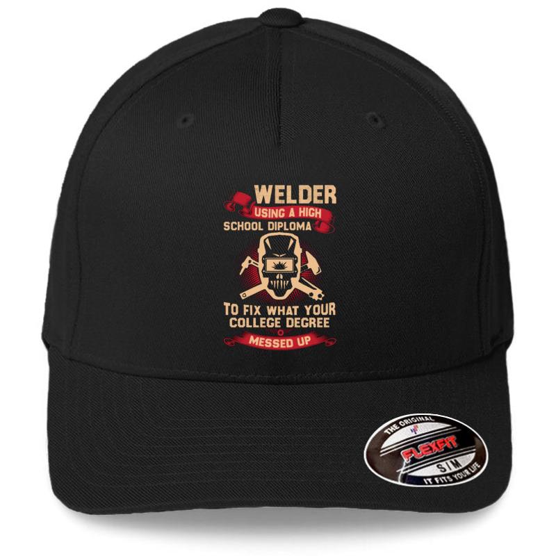 Welder Using A High School Diploma Shirt Flexfit Baseball Cap  Black