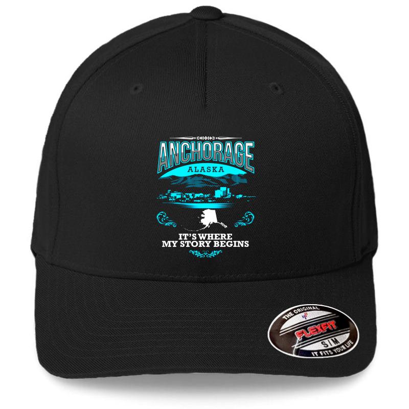 Anchorage Alaska It's Where My Story Begins Flexfit Baseball Cap  Black