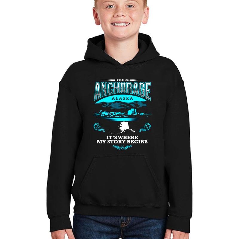 Anchorage Alaska It's Where My Story Begins Youth Hooded Sweatshirt Boy Black