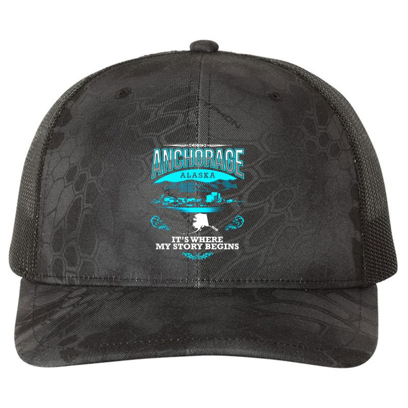 Anchorage Alaska It's Where My Story Begins Richardson Premium Trucker Snapback Cap  Kryptek Typhon Black