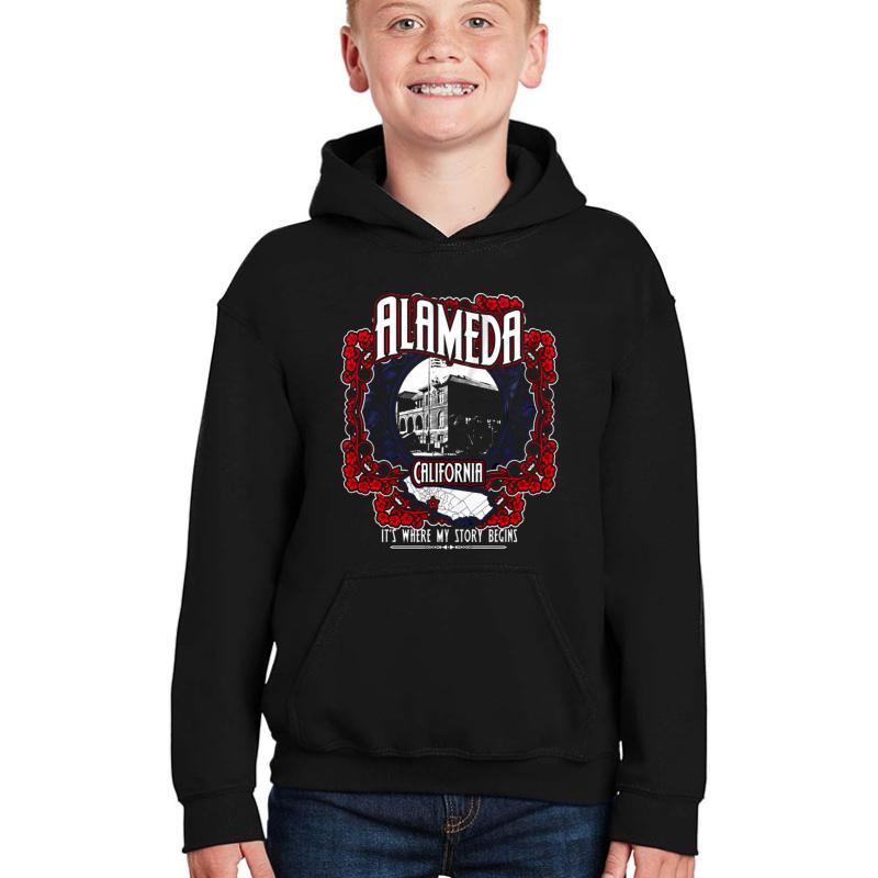 Alameda California It's Where My Story Begins Youth Hooded Sweatshirt Boy Black