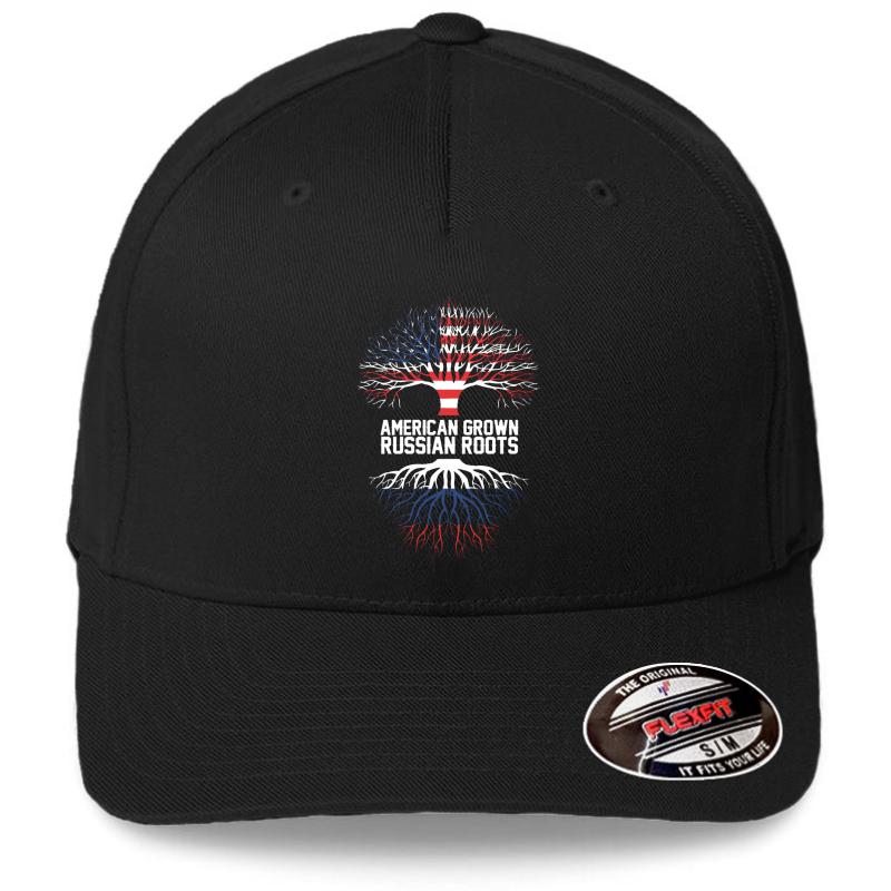 American Grown With Russian Roots Tshirt Flexfit Baseball Cap  Black