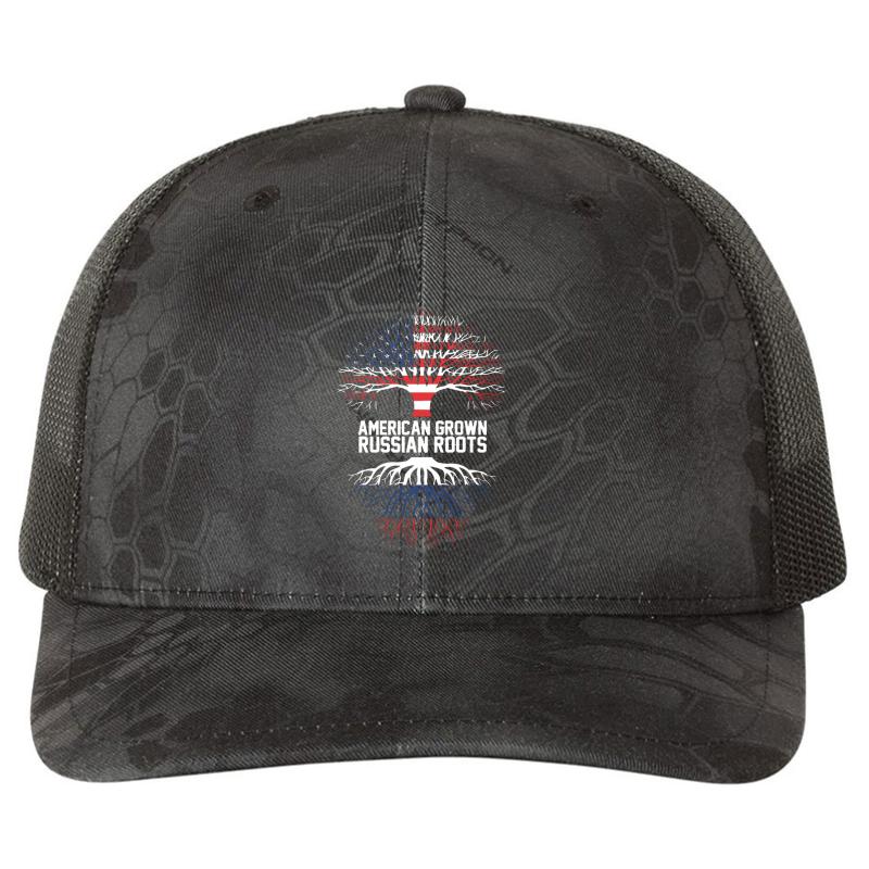 American Grown With Russian Roots Tshirt Richardson Premium Trucker Snapback Cap  Kryptek Typhon Black