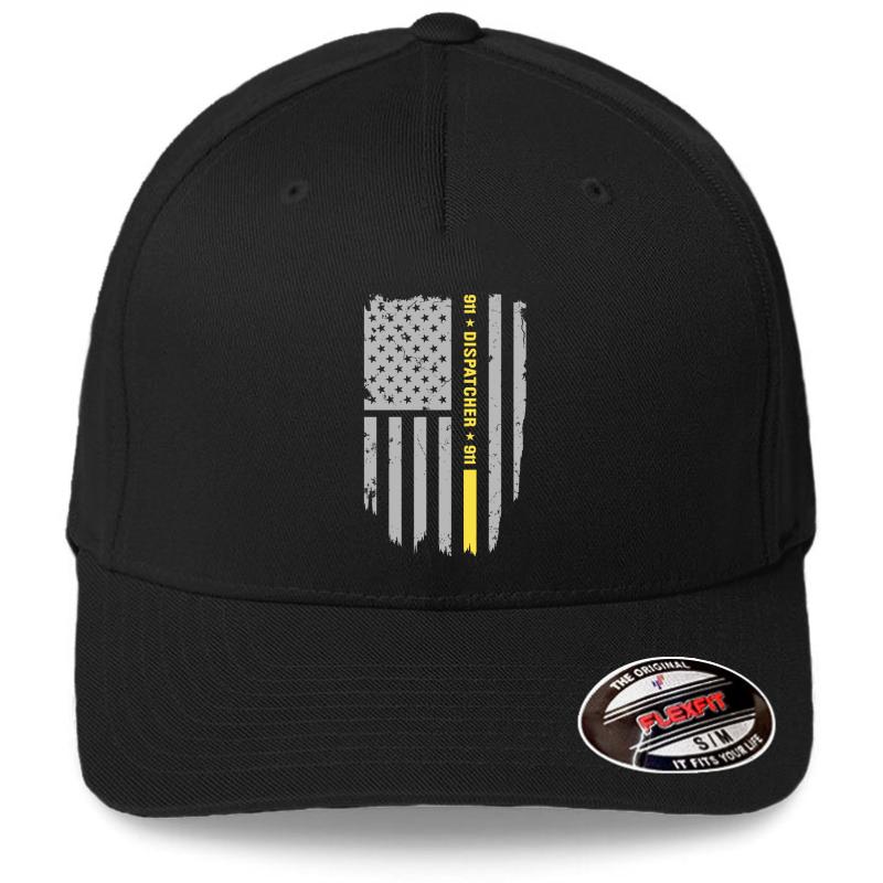 911 Dispatcher Thin Gold Line Flexfit Baseball Cap  Black