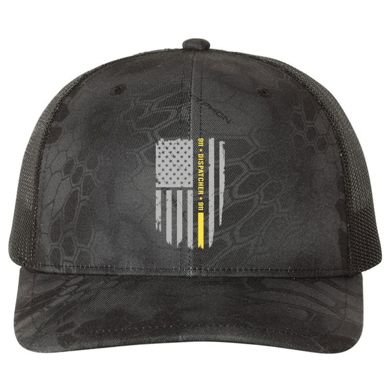 911 Dispatcher Thin Gold Line Richardson Premium Trucker Snapback Cap  Kryptek Typhon Black