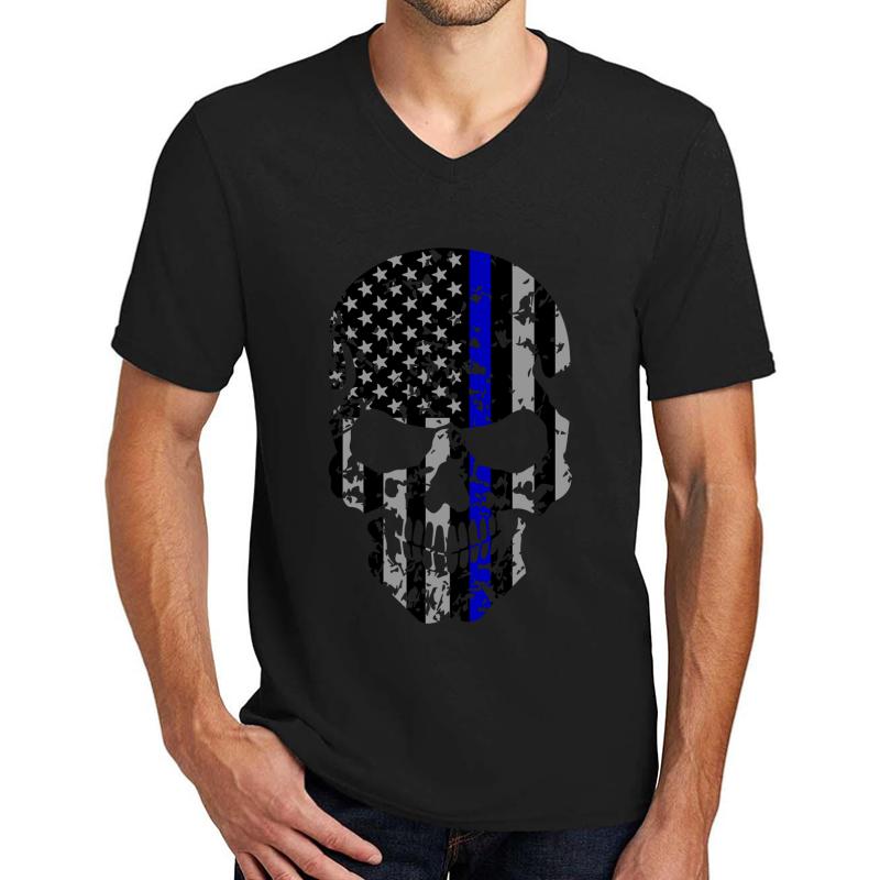 Thin Blue Line Police American Flag Distressed Skull Unisex V-Neck T-Shirt Men Black