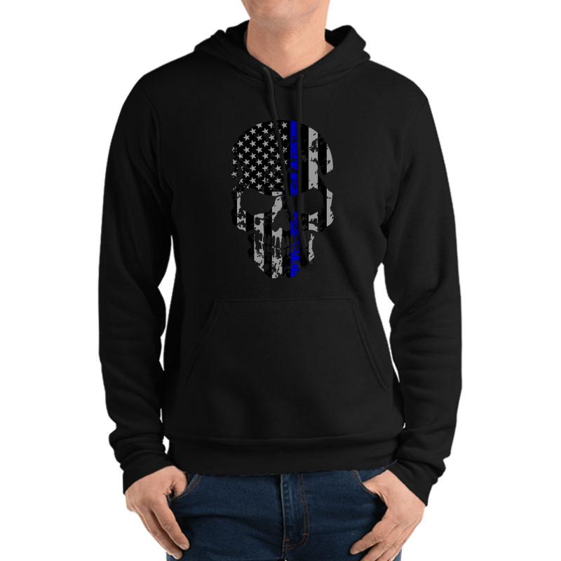 Thin Blue Line Police American Flag Distressed Skull Unisex Hooded Sweatshirt Men Black