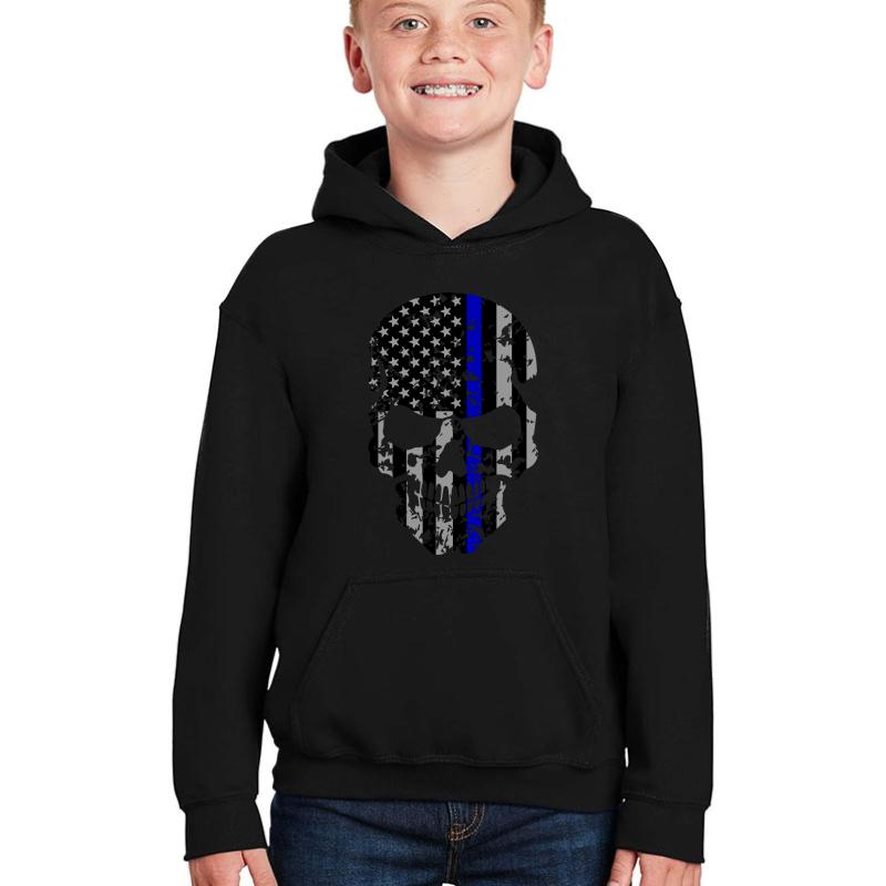 Thin Blue Line Police American Flag Distressed Skull Youth Hooded Sweatshirt Boy Black