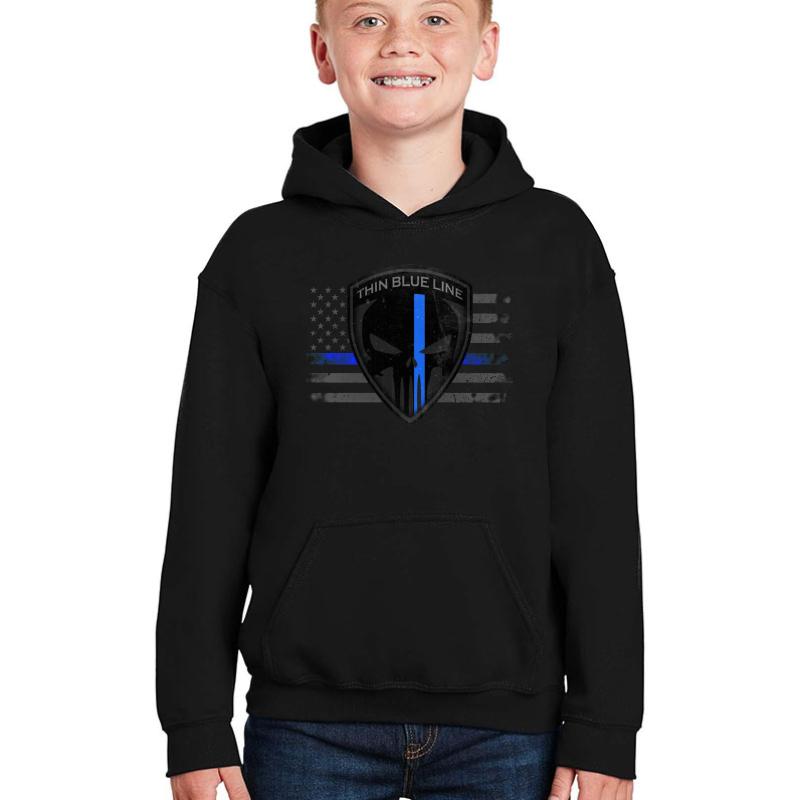 Thin Blue Line Punisher Flag  Youth Hooded Sweatshirt Boy Black