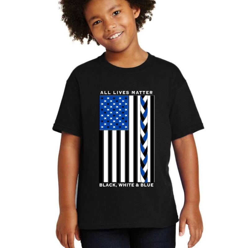 All Lives Matter Black Lives Blue Lives - Black White And Blue American Flag Youth T-Shirt Boy Black