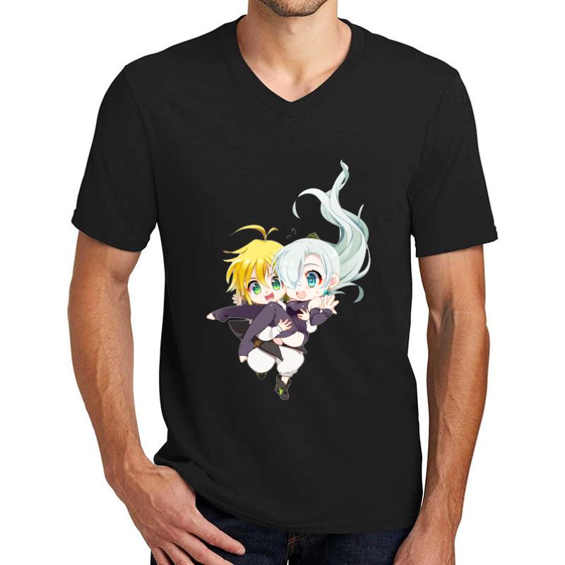 7 Deadly Sins Meliodas & Elizabeth Chibi Unisex V-Neck T-Shirt Men Black