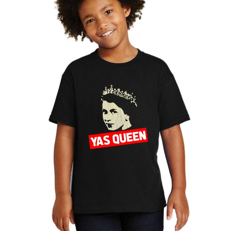 Yas Queen Elizabeth Funny Meme Youth T-Shirt Boy Black