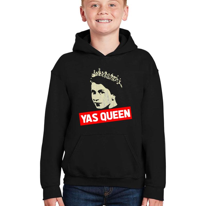 Yas Queen Elizabeth Funny Meme Youth Hooded Sweatshirt Boy Black