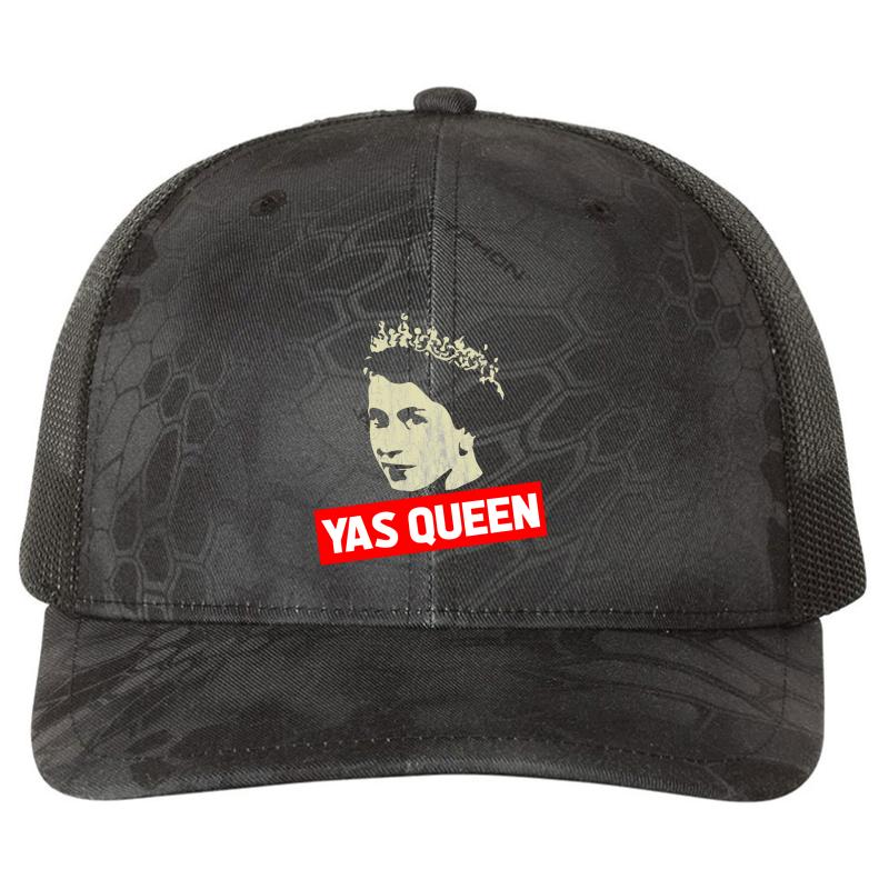 Yas Queen Elizabeth Funny Meme Richardson Premium Trucker Snapback Cap  Kryptek Typhon Black