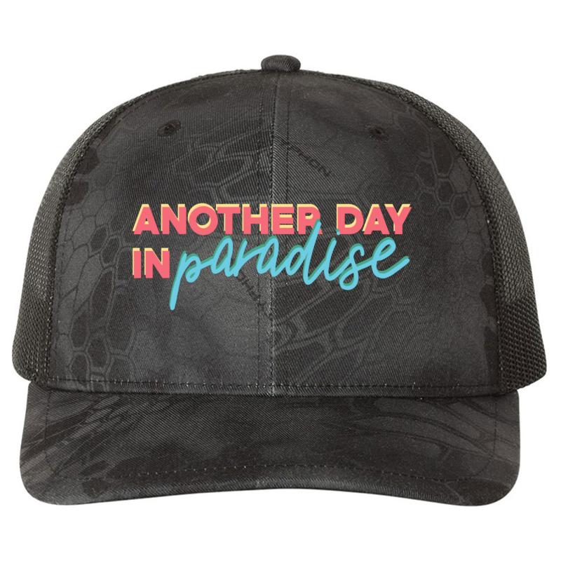 Another Day In Paradise Richardson Premium Trucker Snapback Cap  Kryptek Typhon Black