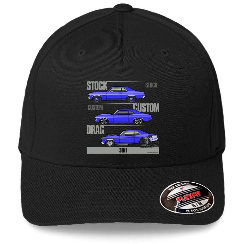 68-72 3 In 1 Chevy Nova Flexfit Baseball Cap  Black