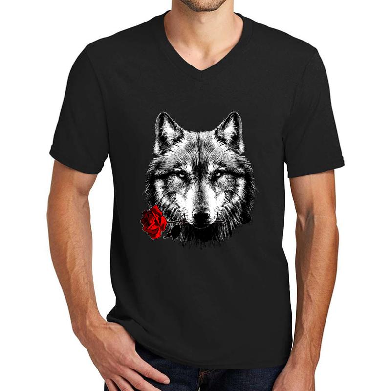 Wolf Rose Unisex V-Neck T-Shirt Men Black