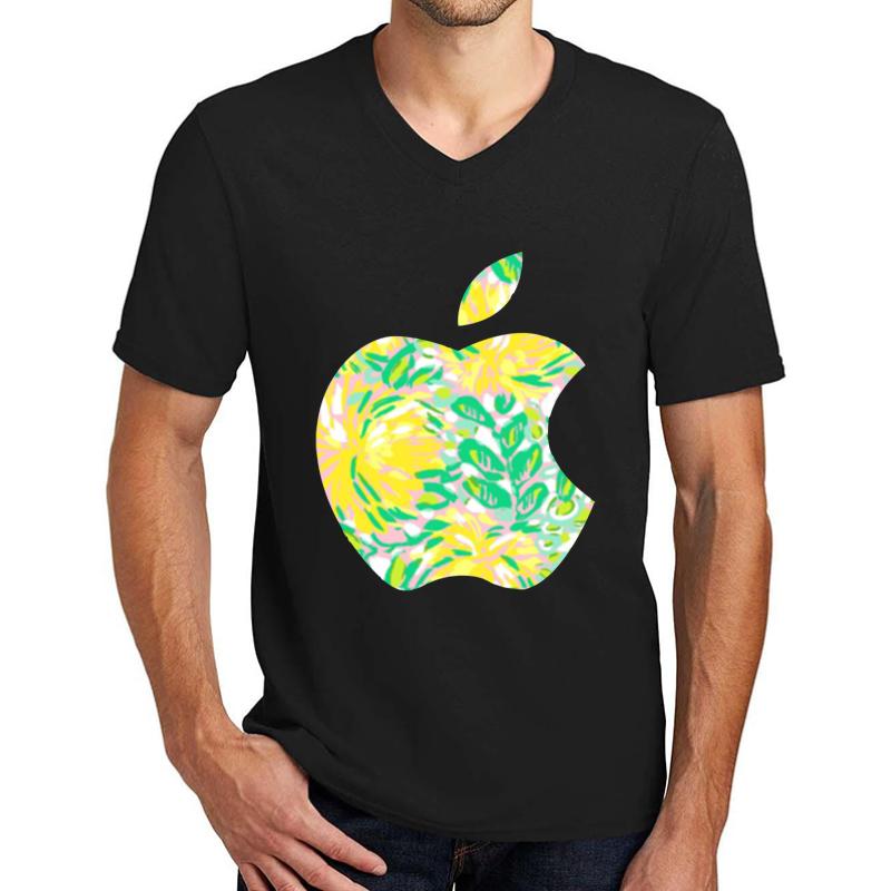 Yellow Lilly Apple Logo Unisex V-Neck T-Shirt Men Black