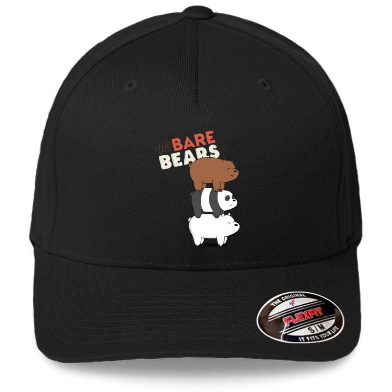 We Bare Bears Cartoon - Bear Stack - Grizz Panda Ice Bear Flexfit Baseball Cap  Black