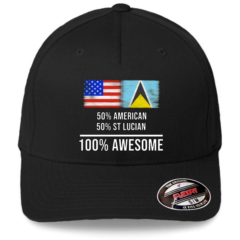 50% American 50% St Lucian 100% Awesome - St Lucia Flag Gift For St Lucian Flexfit Baseball Cap  Black