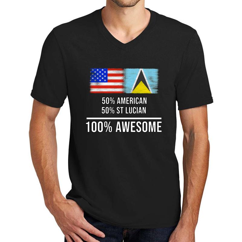 50% American 50% St Lucian 100% Awesome - St Lucia Flag Gift For St Lucian Unisex V-Neck T-Shirt Men Black