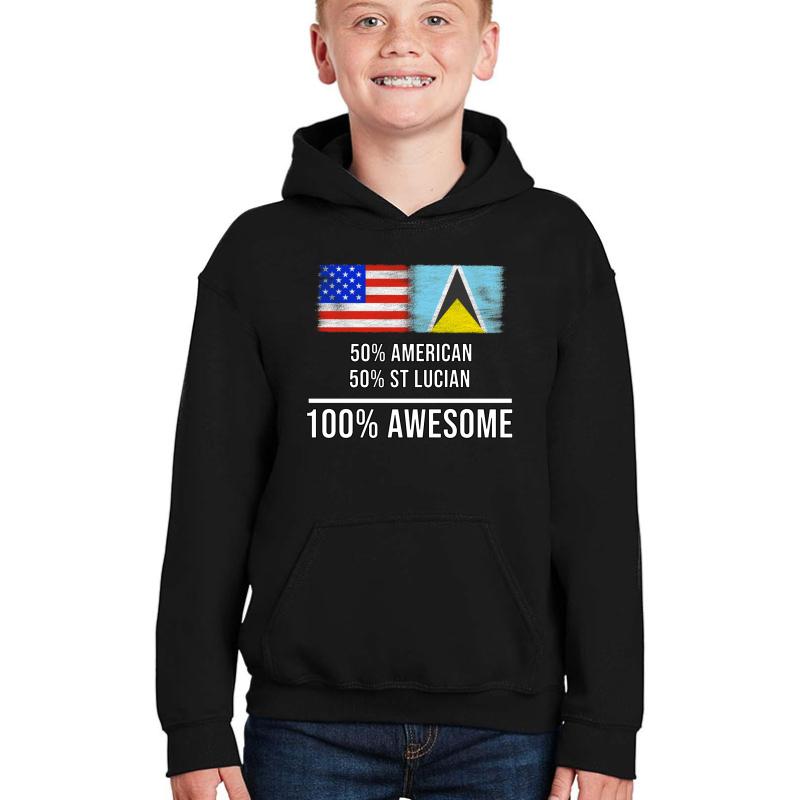 50% American 50% St Lucian 100% Awesome - St Lucia Flag Gift For St Lucian Youth Hooded Sweatshirt Boy Black