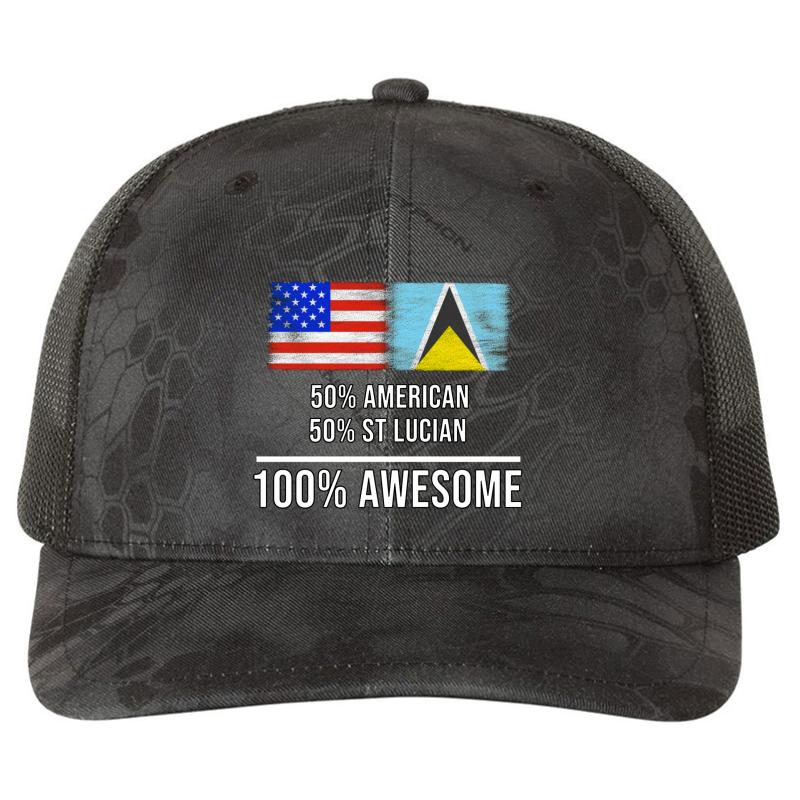 50% American 50% St Lucian 100% Awesome - St Lucia Flag Gift For St Lucian Richardson Premium Trucker Snapback Cap  Kryptek Typhon Black