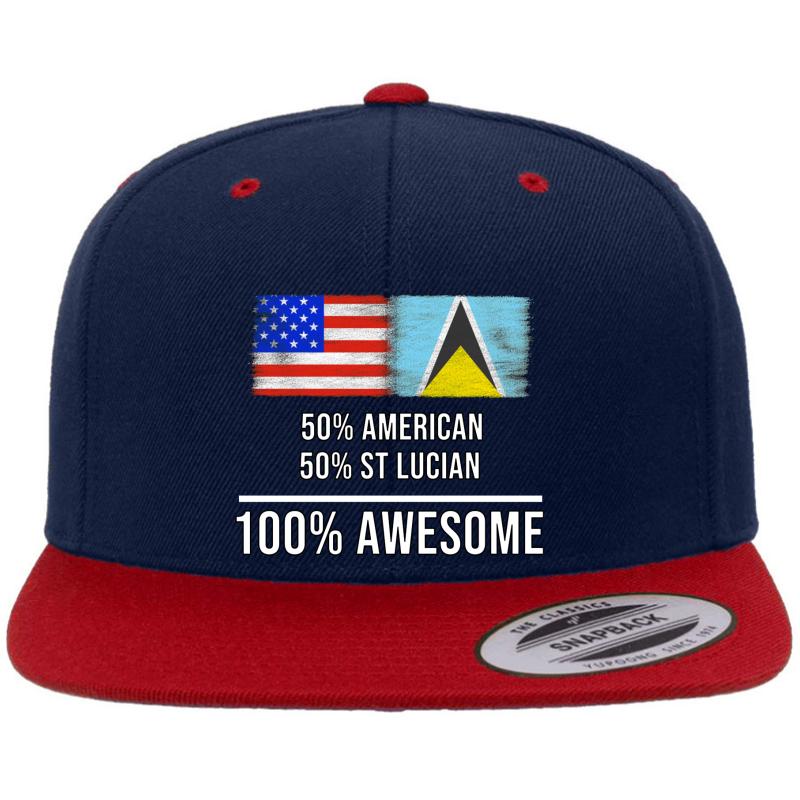 50% American 50% St Lucian 100% Awesome - St Lucia Flag Gift For St Lucian Premium Flat Bill Snapback Cap  Navy