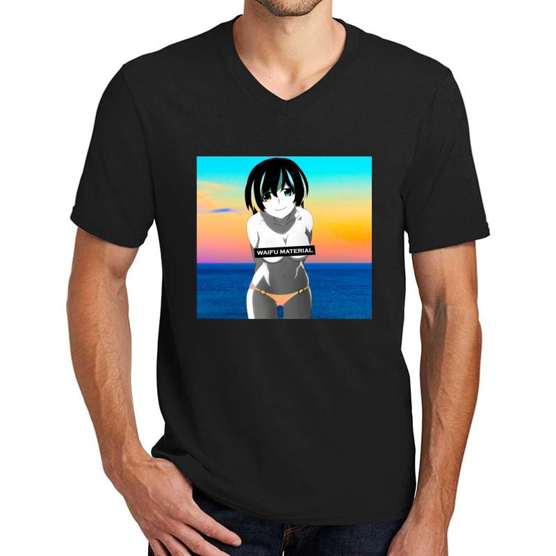 Waifu Material - Anime Girl Hanekawa Tsubasa Monogatari  Unisex V-Neck T-Shirt Men Black