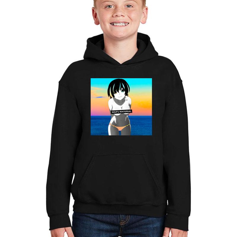 Waifu Material - Anime Girl Hanekawa Tsubasa Monogatari  Youth Hooded Sweatshirt Boy Black