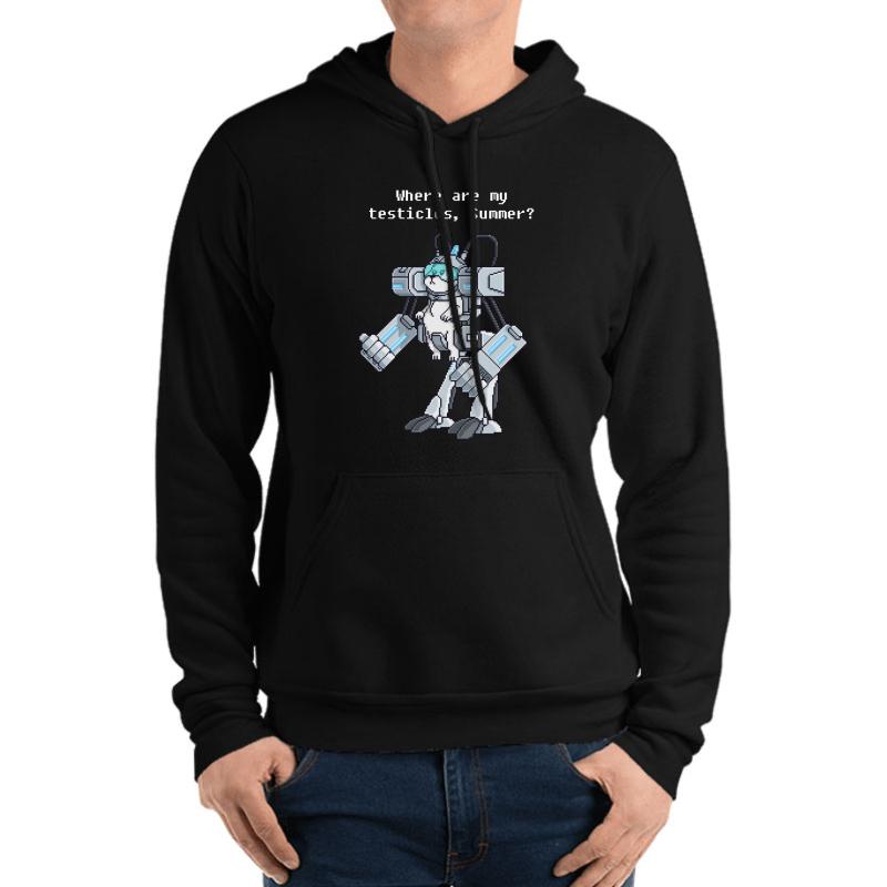 Where Are My Testicles - Mecha Snuffles - Rick And Morty Unisex Hooded Sweatshirt Men Black