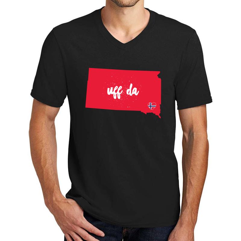 Uff Da South Dakota W Norwegian Flag Heart Norway  Unisex V-Neck T-Shirt Men Black