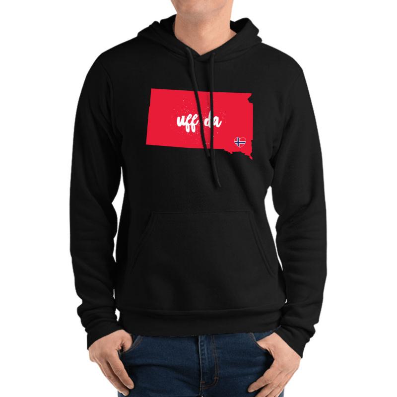 Uff Da South Dakota W Norwegian Flag Heart Norway  Unisex Hooded Sweatshirt Men Black