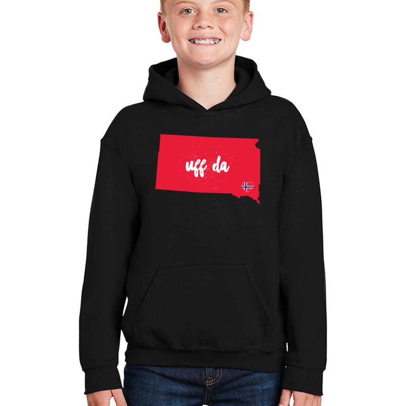 Uff Da South Dakota W Norwegian Flag Heart Norway  Youth Hooded Sweatshirt Boy Black