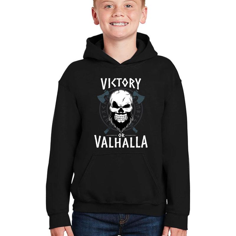 Victory Or Valhalla Viking Skull With Beard And Runes Youth Hooded Sweatshirt Boy Black