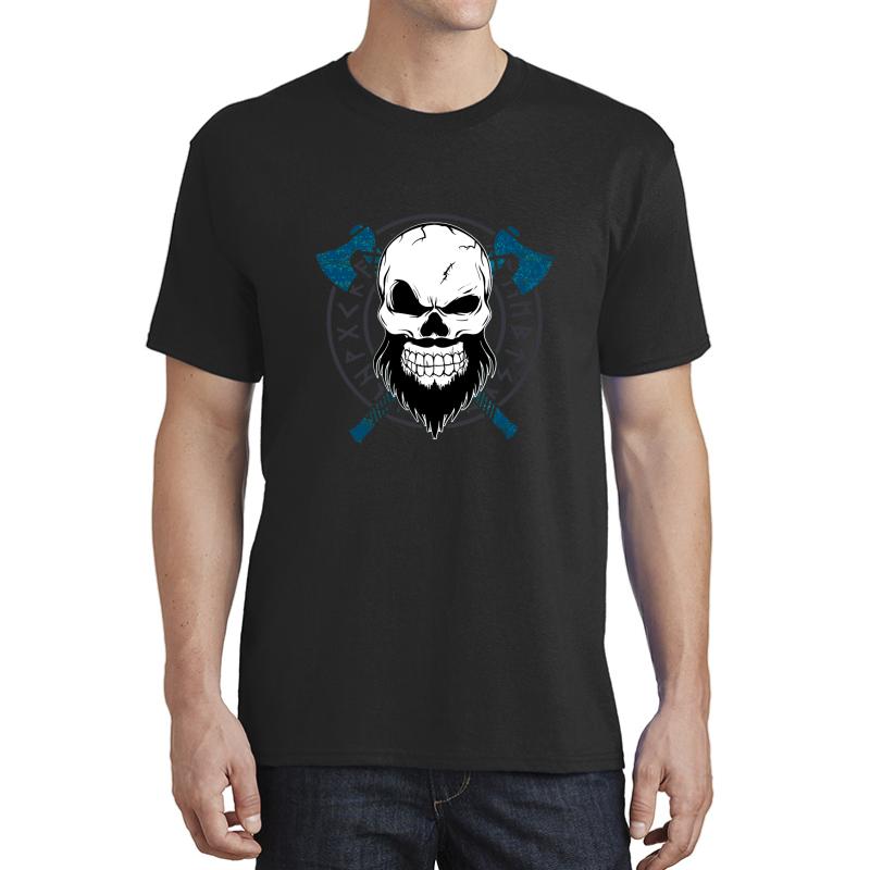 Viking Skull With Axes And Norse Runes Unisex T-Shirt Men Black