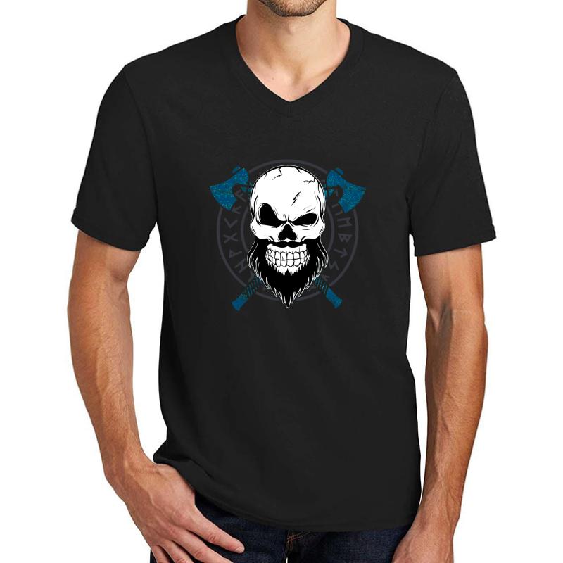 Viking Skull With Axes And Norse Runes Unisex V-Neck T-Shirt Men Black