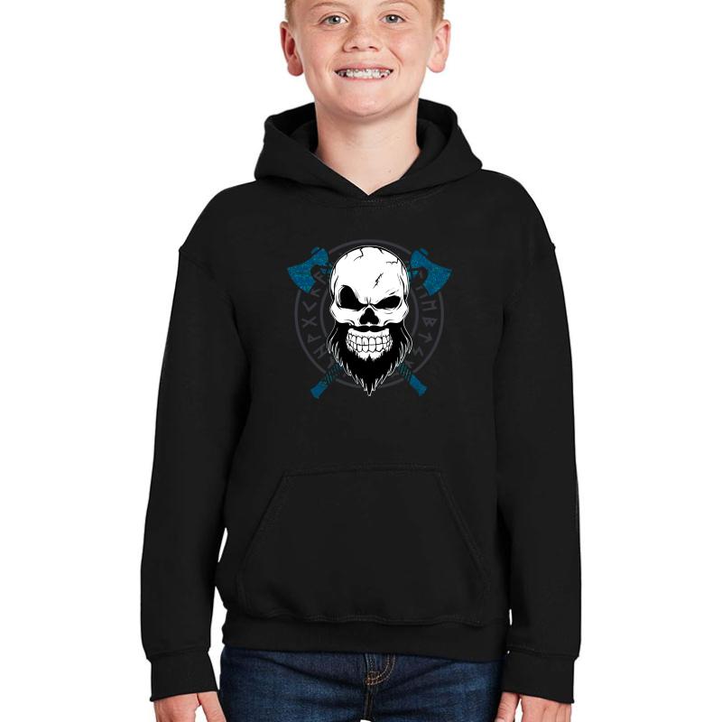 Viking Skull With Axes And Norse Runes Youth Hooded Sweatshirt Boy Black