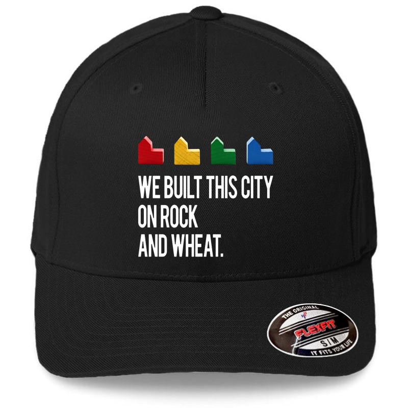 We Built This City On Rock And Wheat Settlers Of Catan Game Black White Flexfit Baseball Cap  Black