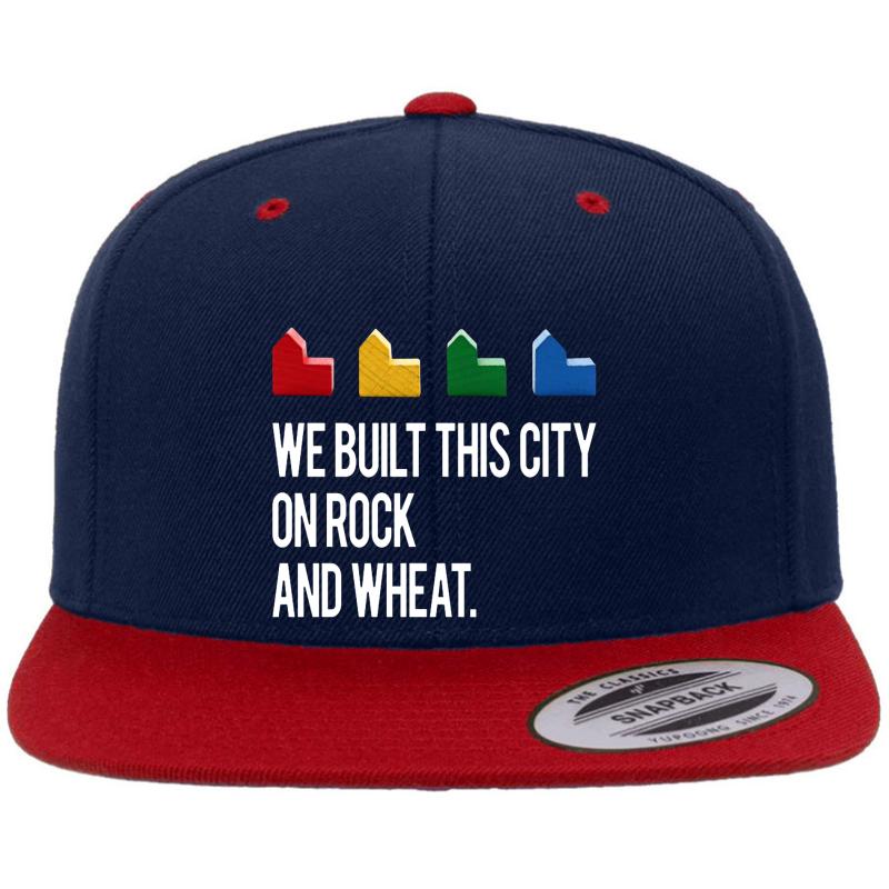 We Built This City On Rock And Wheat Settlers Of Catan Game Black White Premium Flat Bill Snapback Cap  Navy