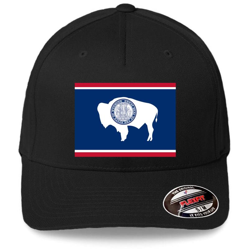 Wyoming State Flag Map Flexfit Baseball Cap  Black