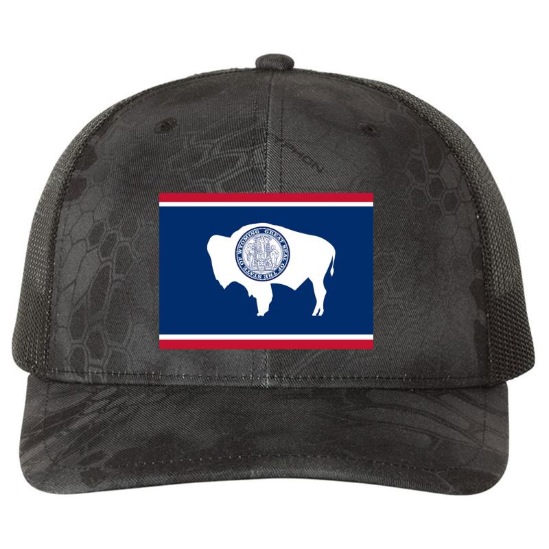 Wyoming State Flag Map Richardson Premium Trucker Snapback Cap  Kryptek Typhon Black